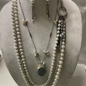 Silver and White Layered Necklace Set with Pearl Accents